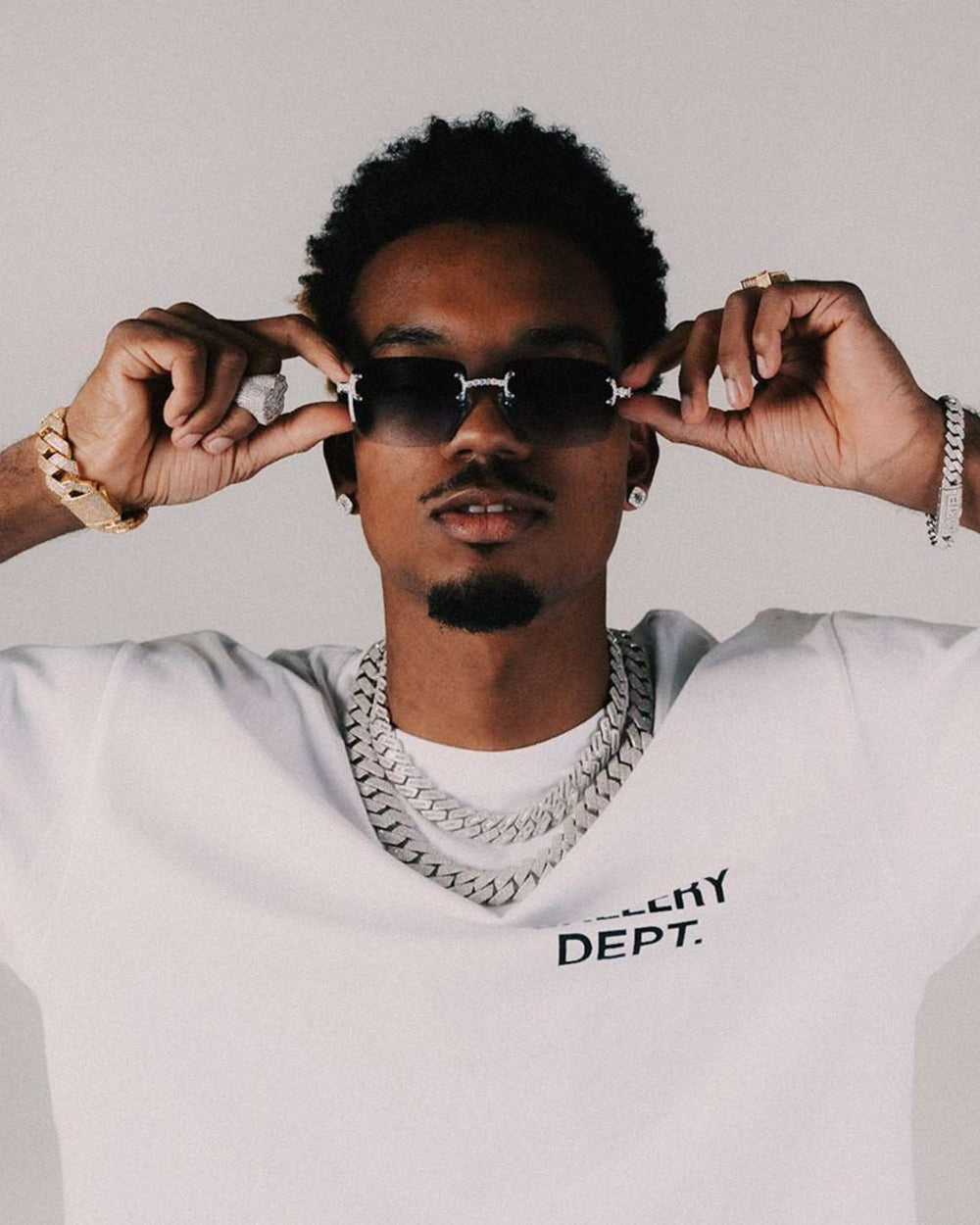 moissanite rimless square sunglasses 14k gold icecartel model shoot