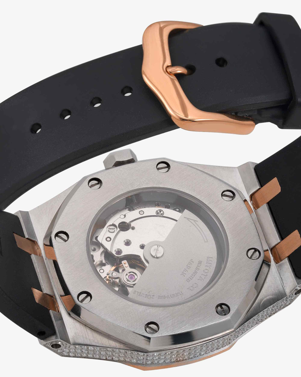 moissanite silicone band watch rose gold 14k white background px back
