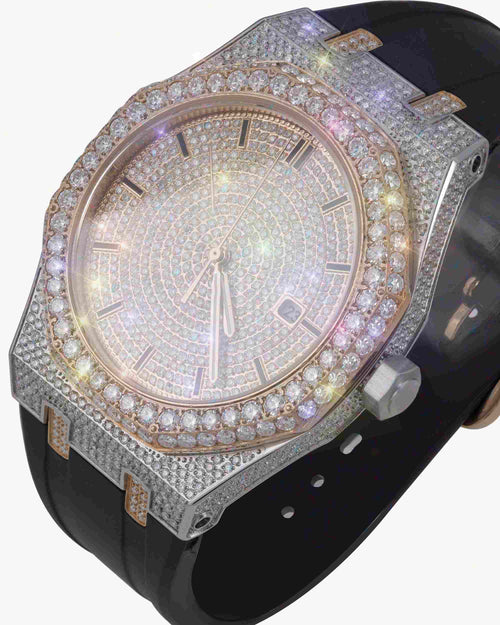 moissanite silicone band watch rose gold 14k white background px close