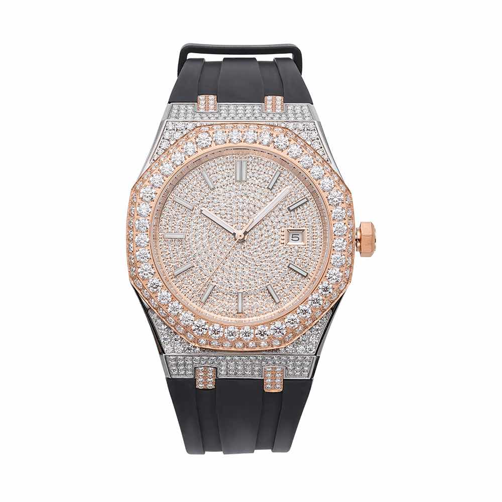 moissanite silicone band watch rose gold 14k white background