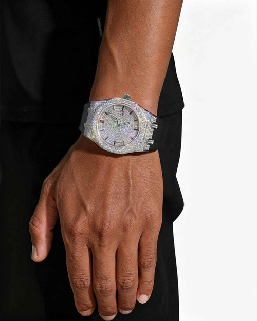 moissanite silicone band watch white gold 14k white background px model