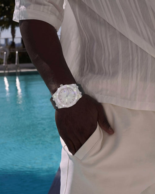 moissanite silicone band watch white gold 14k white background px model2