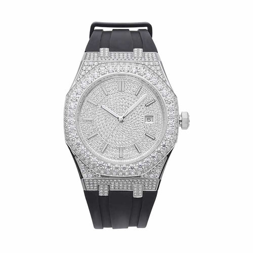 moissanite silicone band watch white gold 14k white background