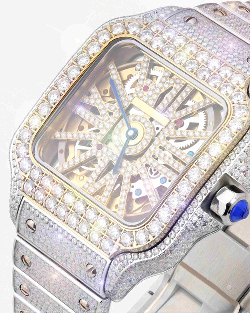 moissanite skeleton watch 14k gold yellow px close