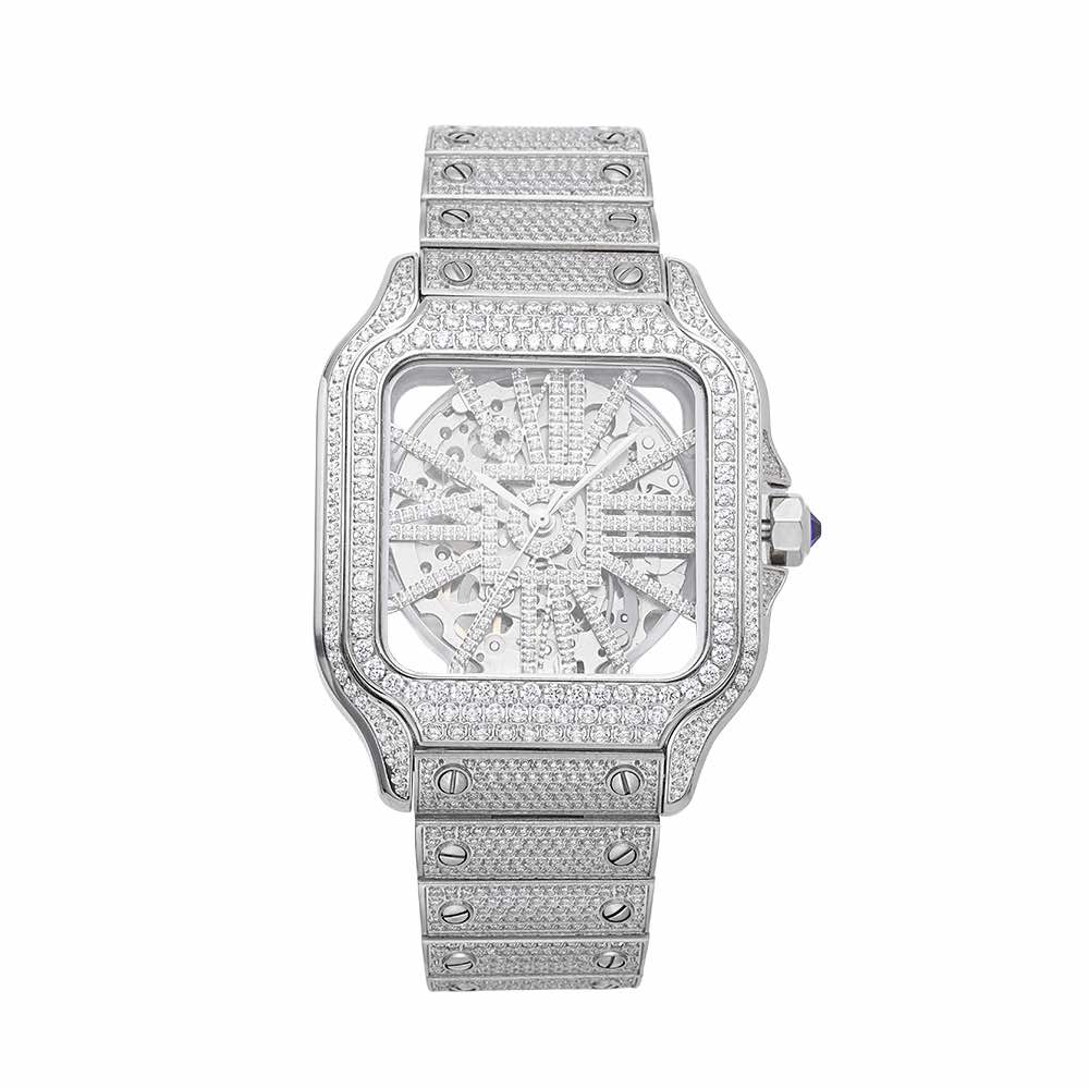 Moissanite Skeleton Watch | 42MM | 14K White Gold | 14.1CT Bust Down