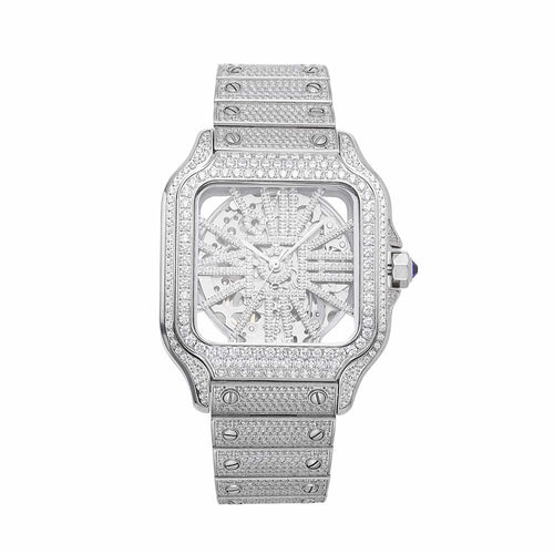 Moissanite Skeleton watch 14k white gold white background