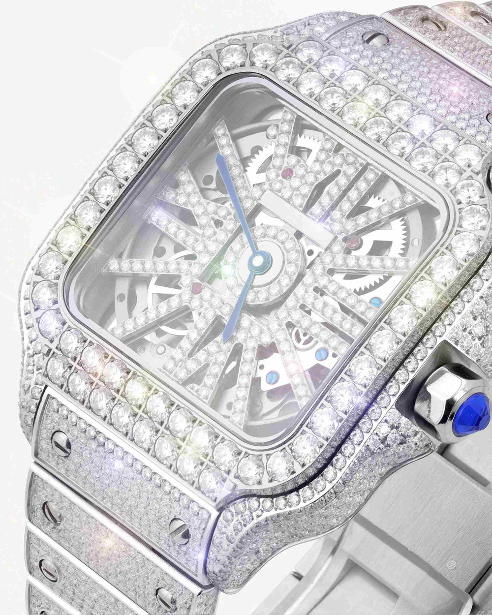 moissanite skeleton watch 14k white gold white px close