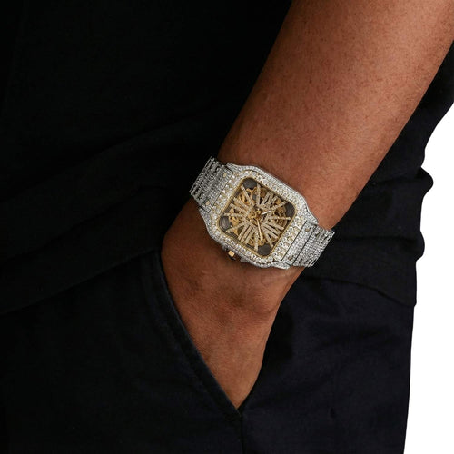 moissanite skeleton watch 14k yellow gold model icecartel