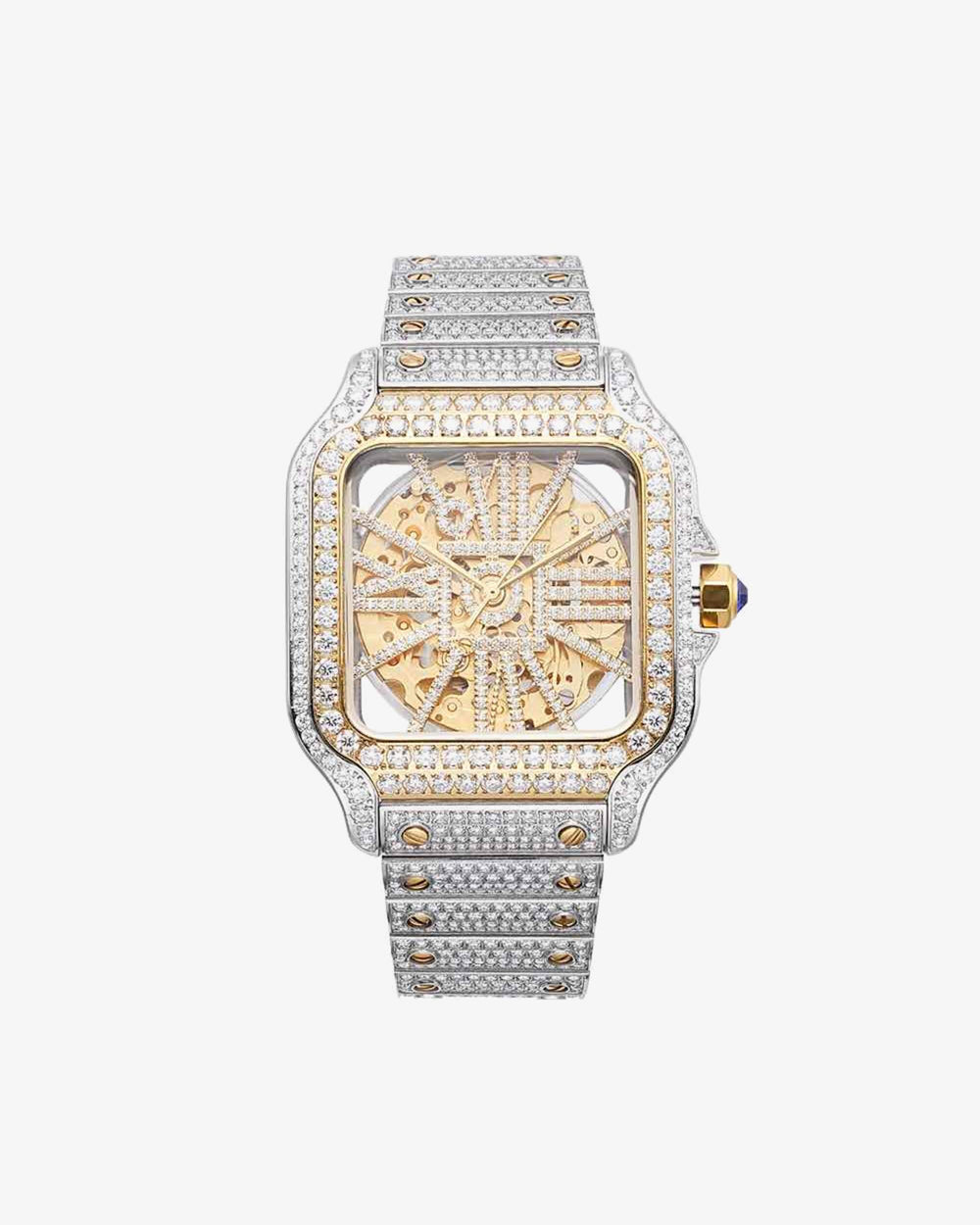 moissanite skeleton watch 14k yellow gold white background px