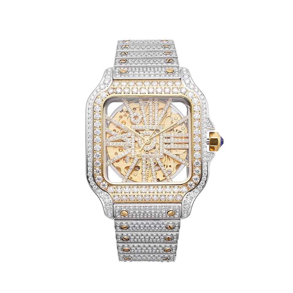 Moissanite Skeleton Watch | 42MM | 14K Yellow Gold | 14.1CT Bust Down