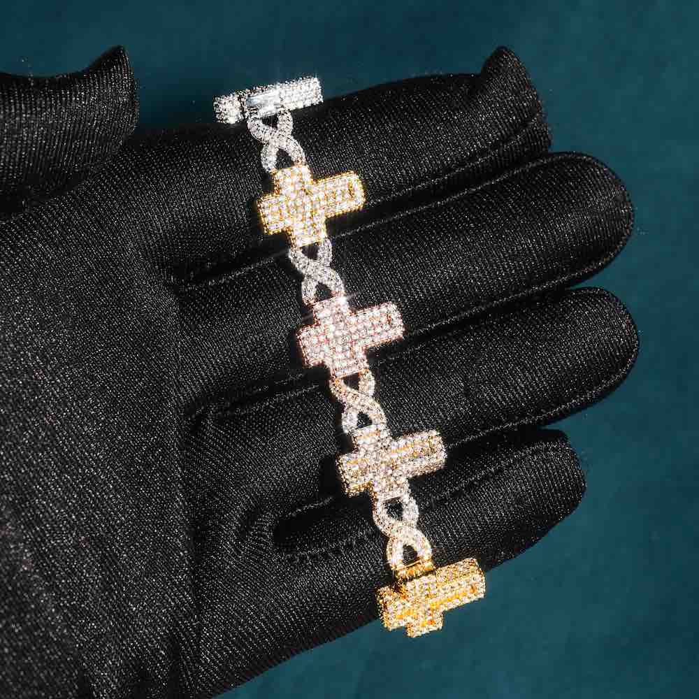 Moissanite three tone infinity link cross bracelet hand