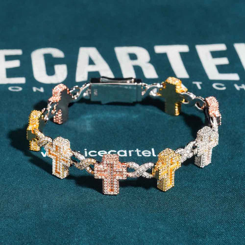 Moissanite three tone infinity link cross bracelet side