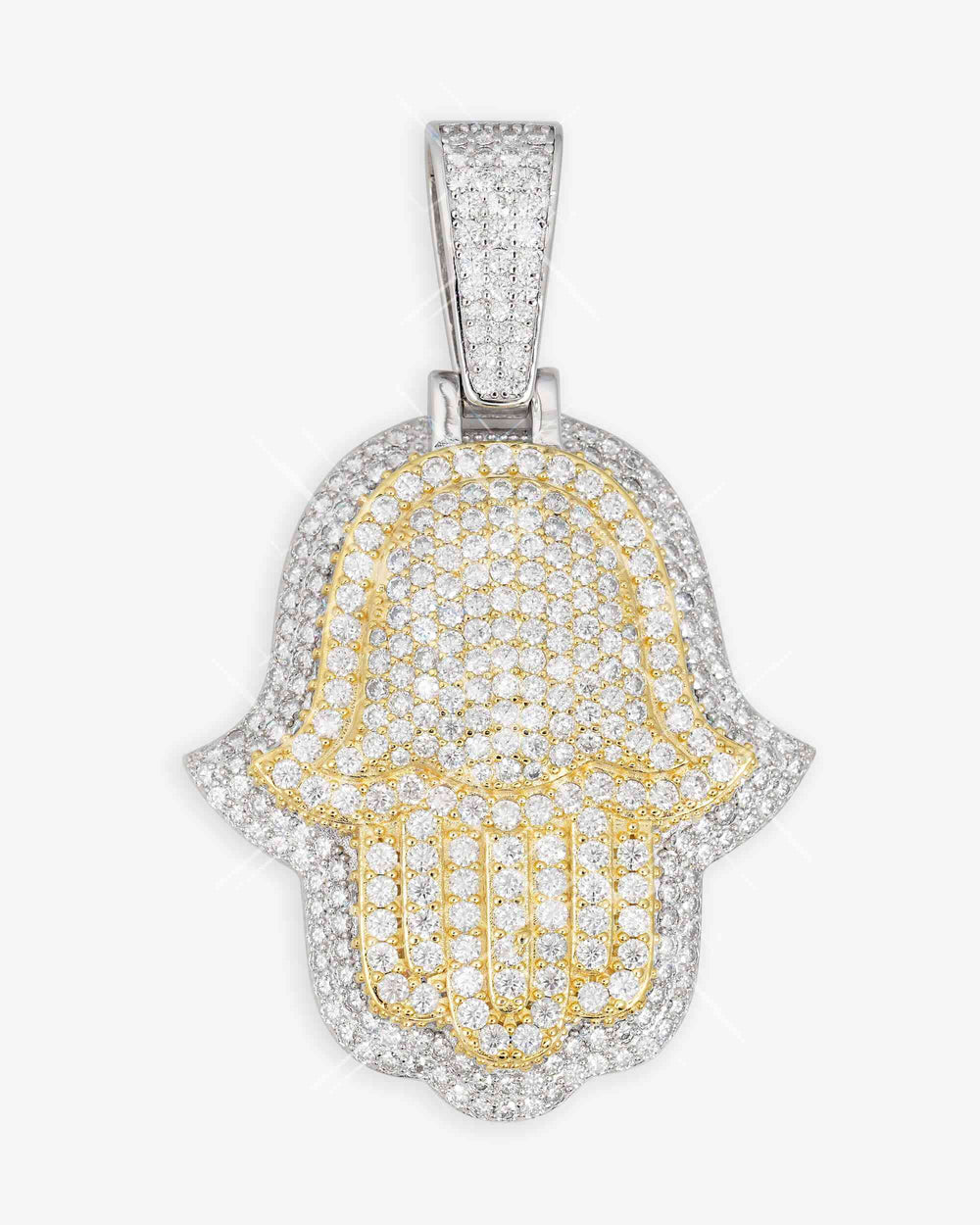 Moissanite Two Tone Hamsa Hand Pendant 14K Gold - White & Yellow Gold L (75MM)