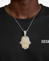Moissanite Two Tone Hamsa Hand Pendant 14K Gold - White & Yellow Gold L (75MM)