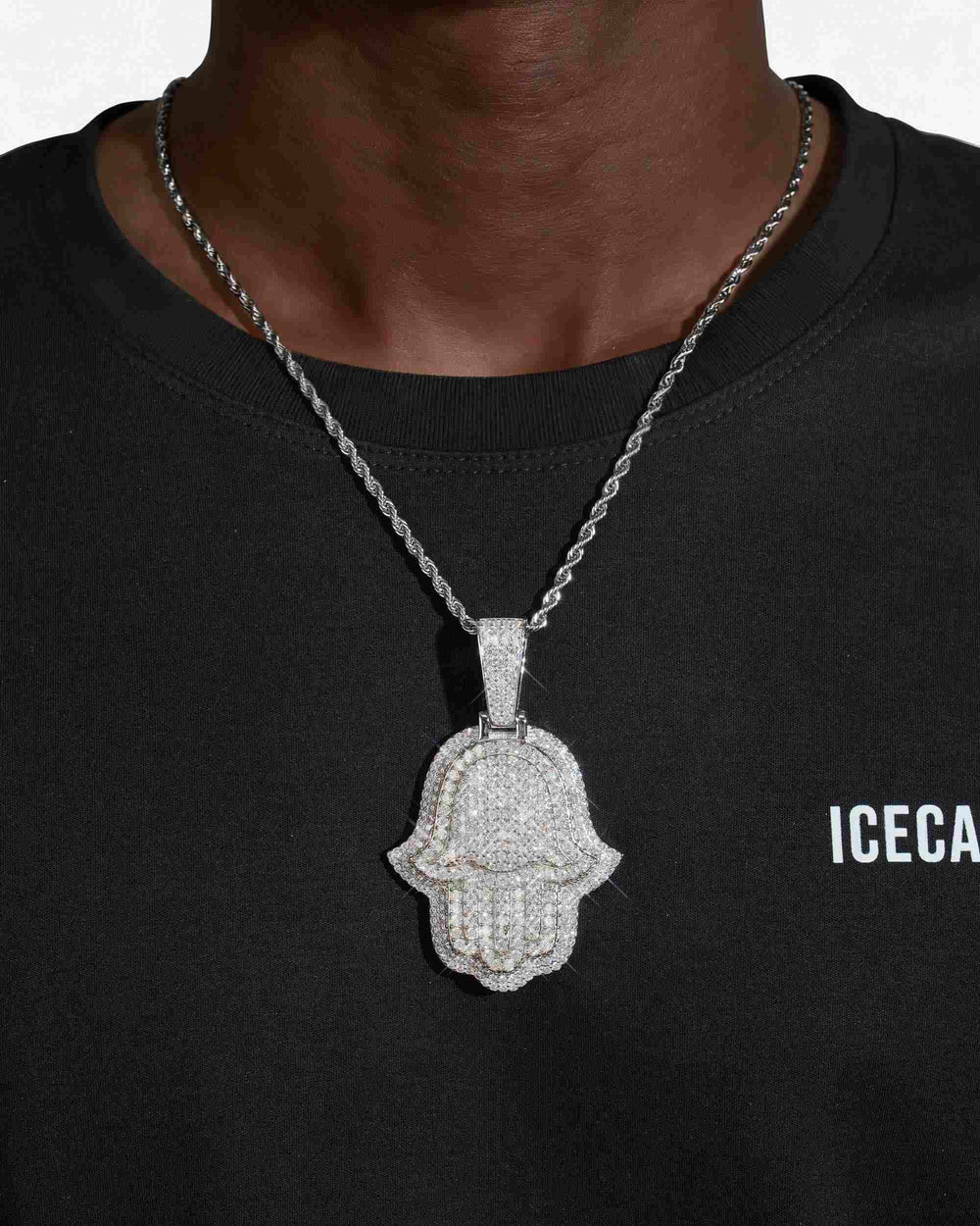 Moissanite Two Tone Hamsa Hand Pendant 14K Gold - White Gold L (75MM)