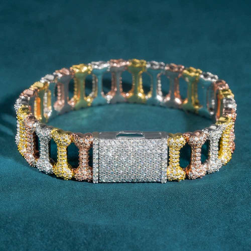 moissanite bone link bracelet three tone sideways