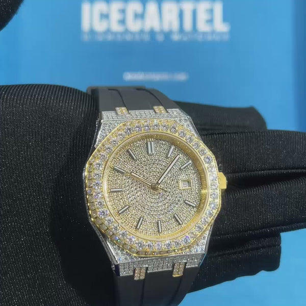 moissanite iced out rubber band watch 14k yellow gold video