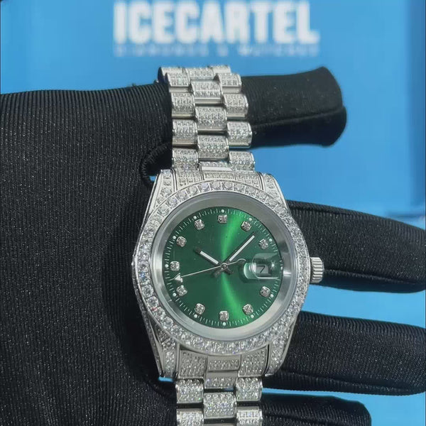 moissanite presidential watch green face 14k gold video