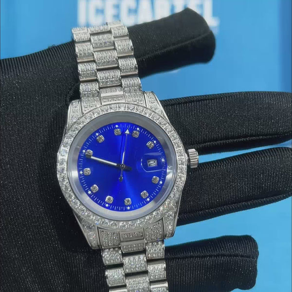 moissanite presidential watch blue face 14k gold video