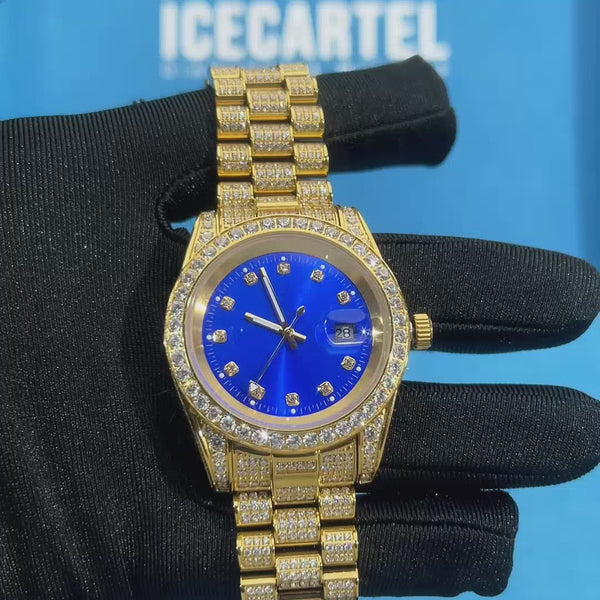 moissanite blue face presidential watch yellow gold video