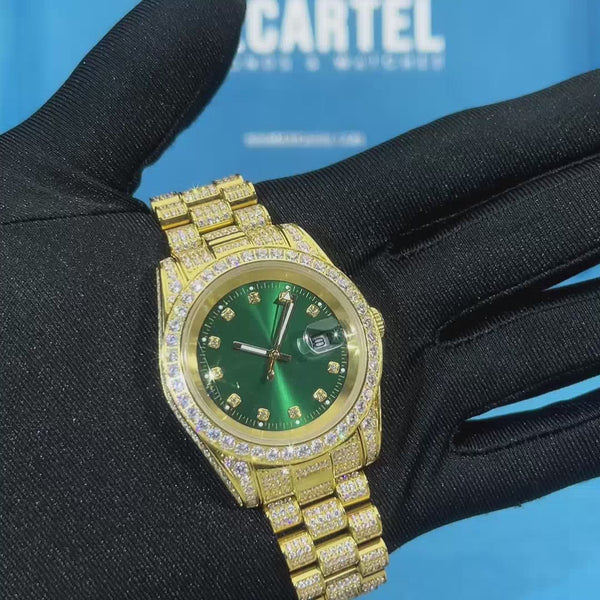 moissanite presidential watch green face 14k yellow gold video