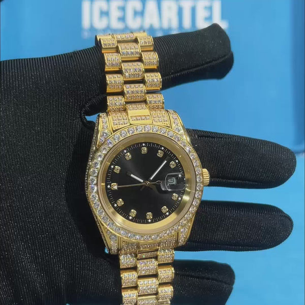 moissanite presidential watch black face 14k yellow gold video