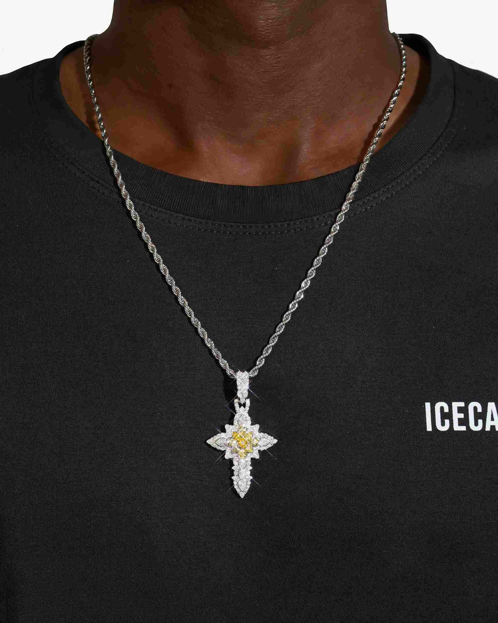 Princess Cut Moissanite Cross Pendant 14K Gold - Yellow Moissanite