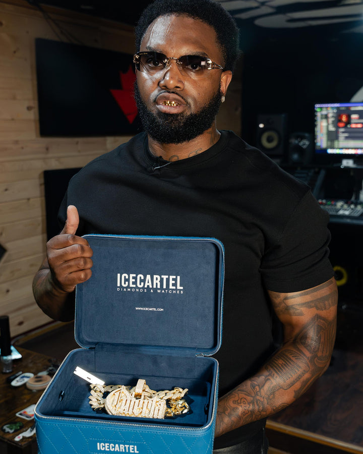 rapper nino breeze holding icecartel jewelry box custom pendant chain