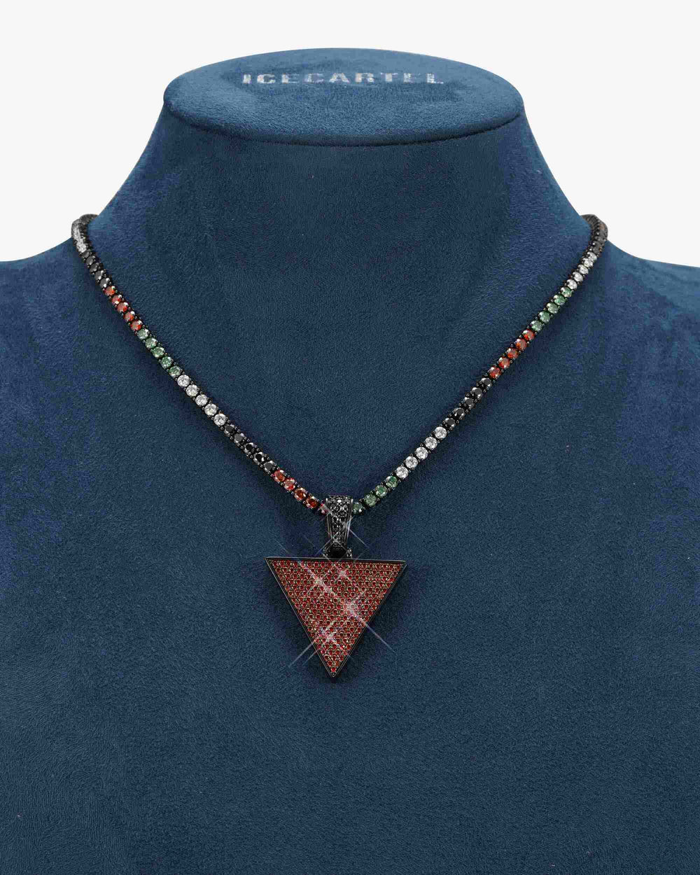 red moissanite custom triangle moissanite pendant 14k gold icecartel display
