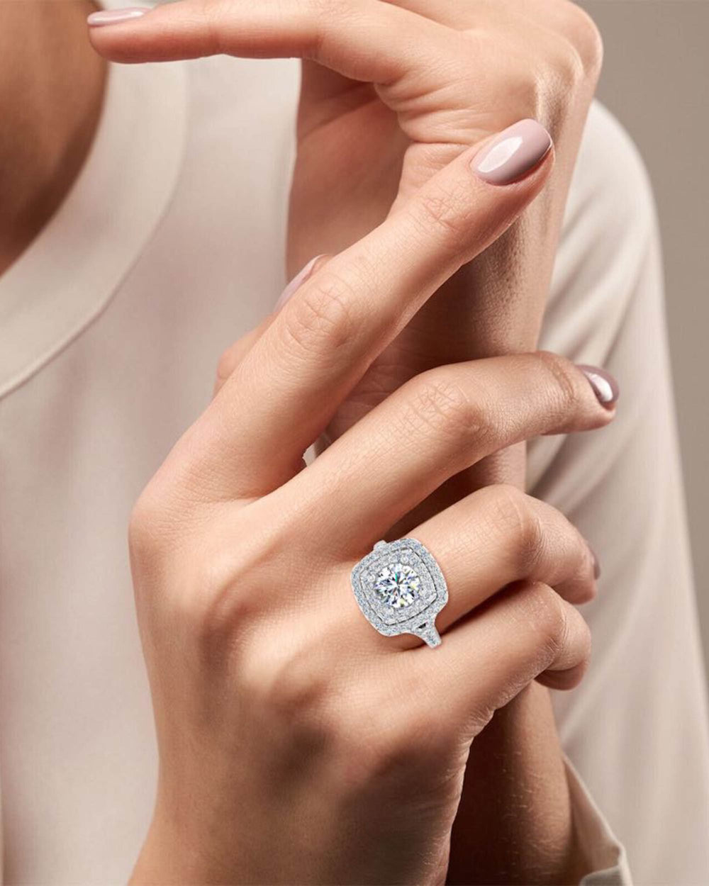 round brilliant double halo moissanite engagement ring icecartel hand