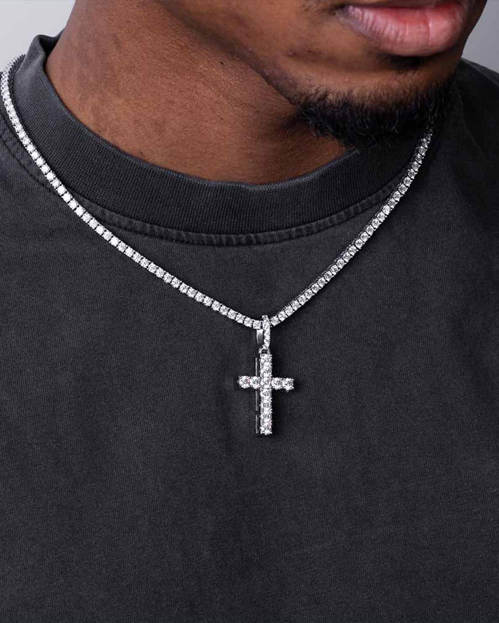 round cut moissanite cross pendant model shoot