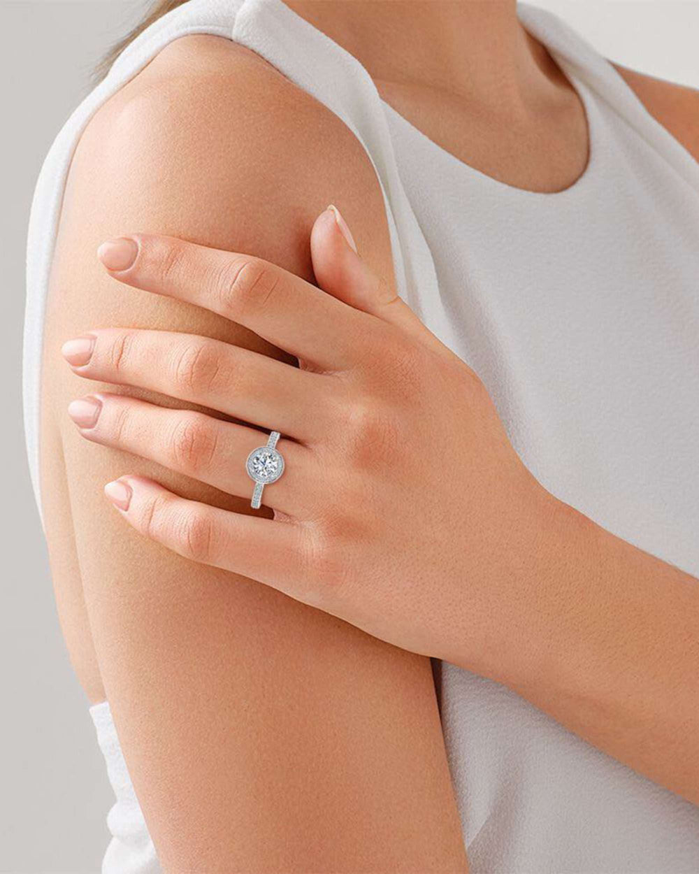 round halo channel set moissanite engagement ring icecartel hand