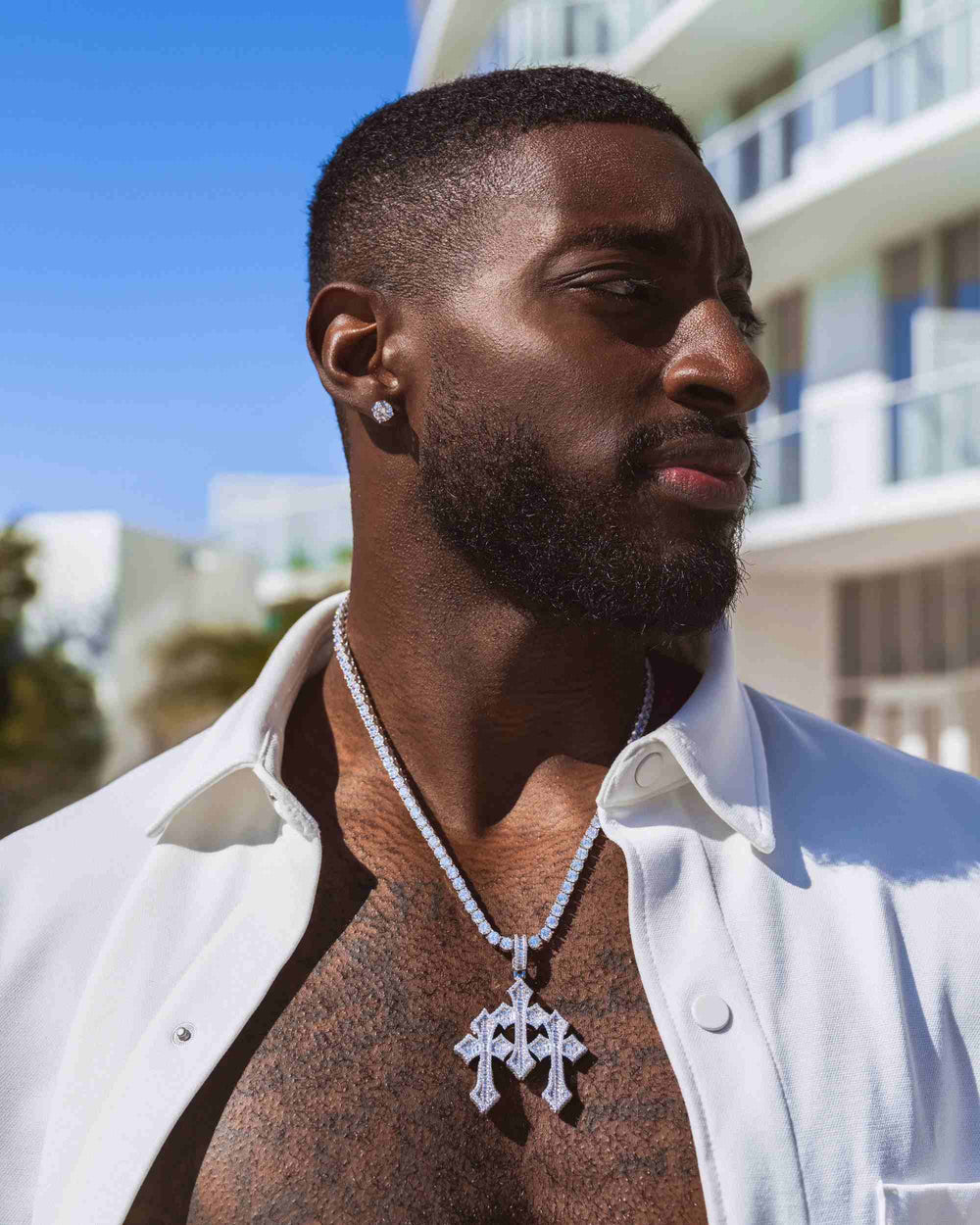 Baguette Moissanite Triple Ornamental Cross Pendant 14K Gold