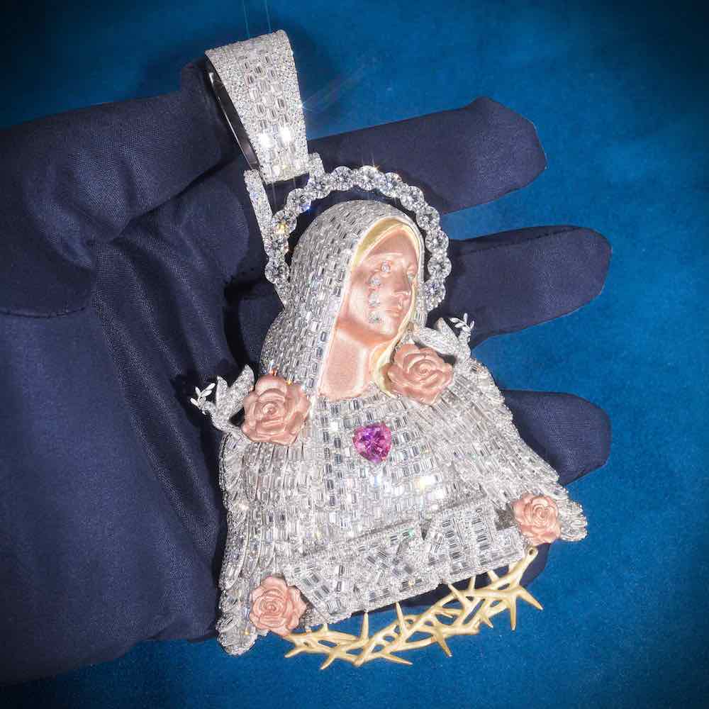 Virgin Mary Custom Two Tone Pendant Blue Hand