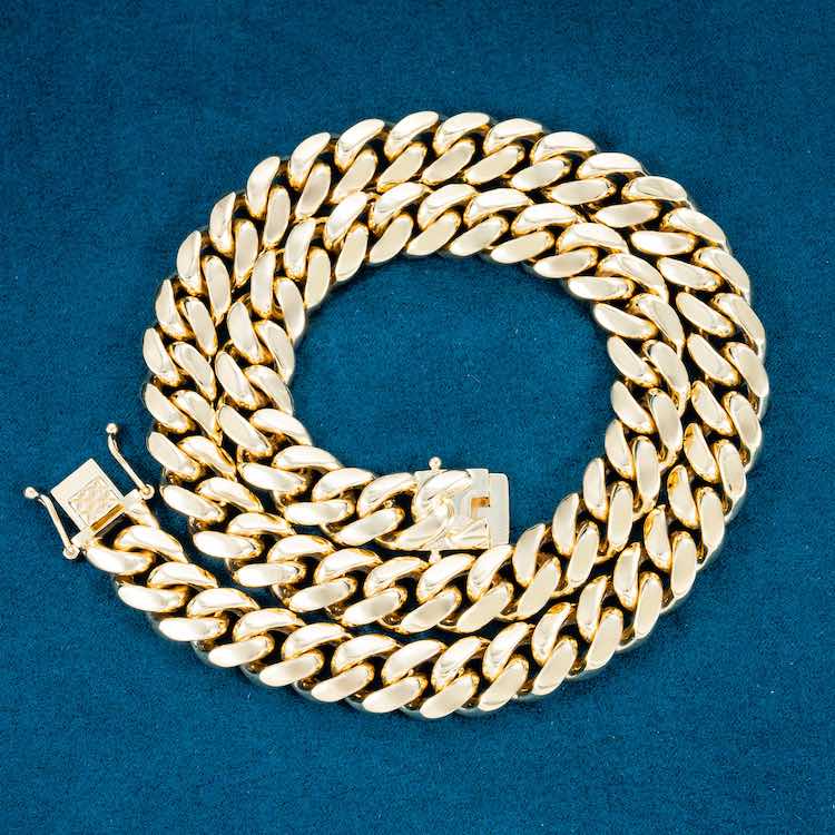 12mm moissanite solid gold chain necklace lobster clasp front