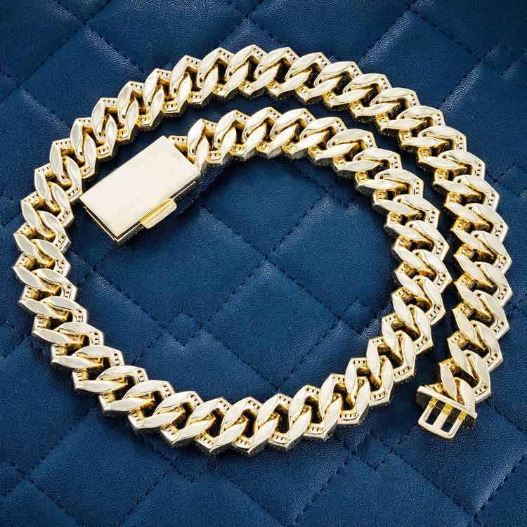 15mm moissanite 14k yellow gold cuban link chain necklace back