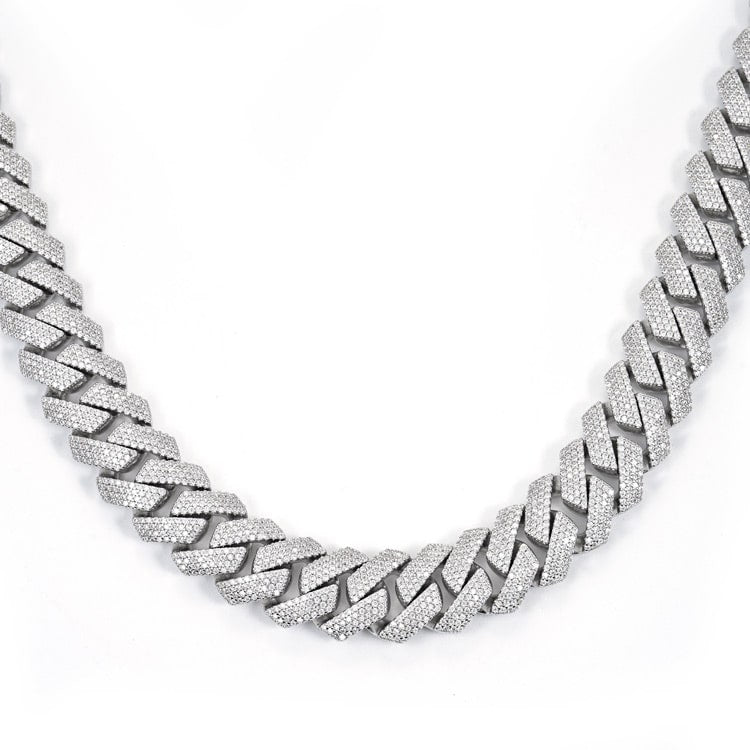 15mm moissanite iced out cuban link chain necklace white gold background