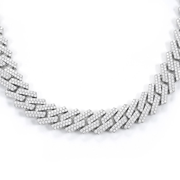 18mm 2 row moissanite cuban link chain necklace white gold iced out background