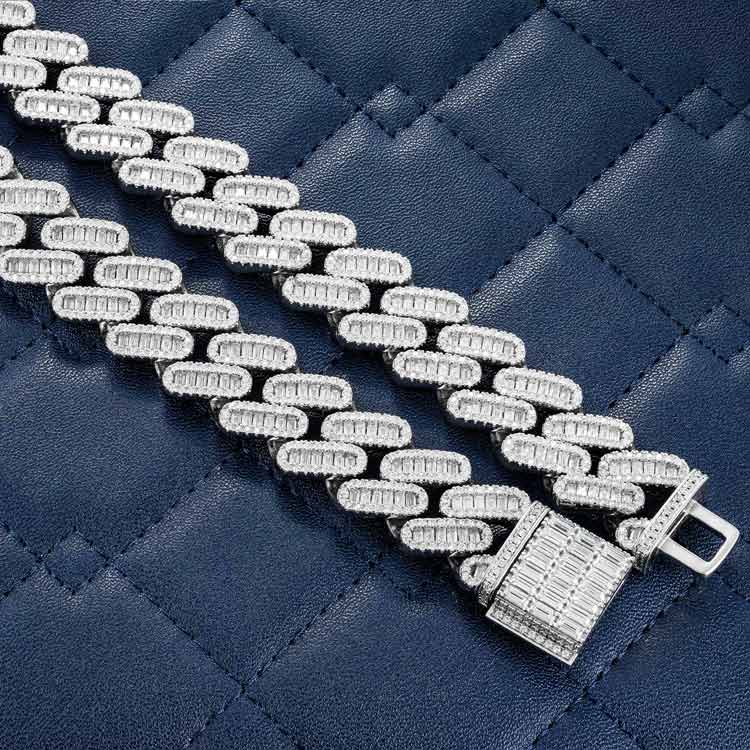 18mm moissanite diamant baguette miami cuban iced out silver chain necklace white gold close