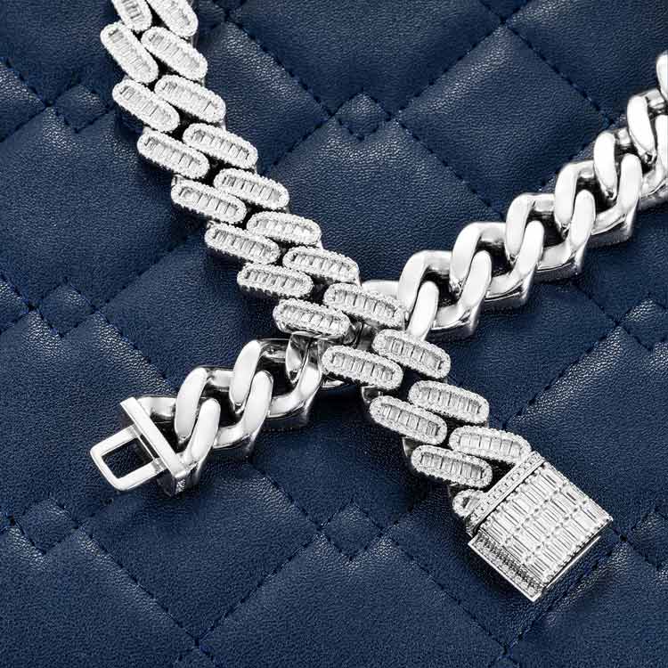 18mm moissanite diamant baguette miami cuban iced out silver chain necklace white gold crossed