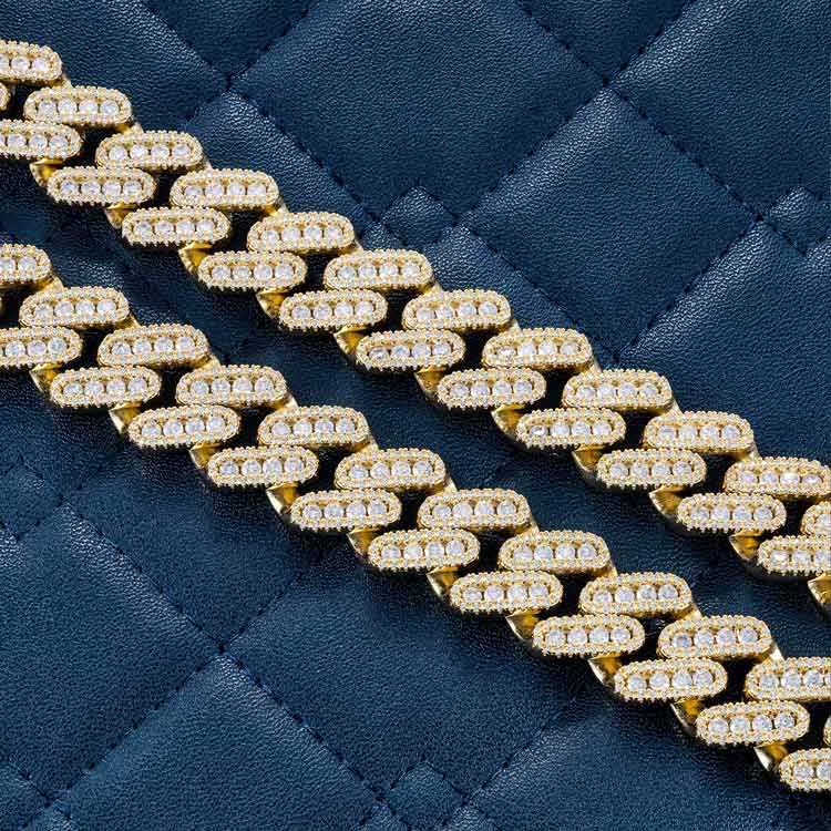 18mm moissanite miami cuban 3 row chain necklace iced out 14k yellow gold close