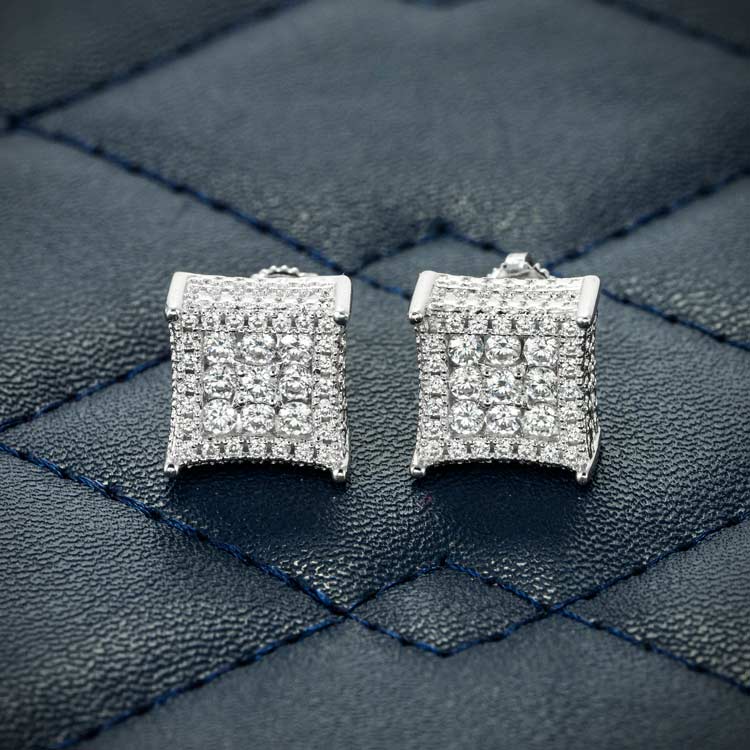 9mm cluster mens moissanite iced out stud earrings white gold front