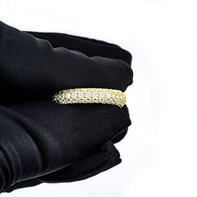Moissanite 3 row diamond band ring yellow gold hand