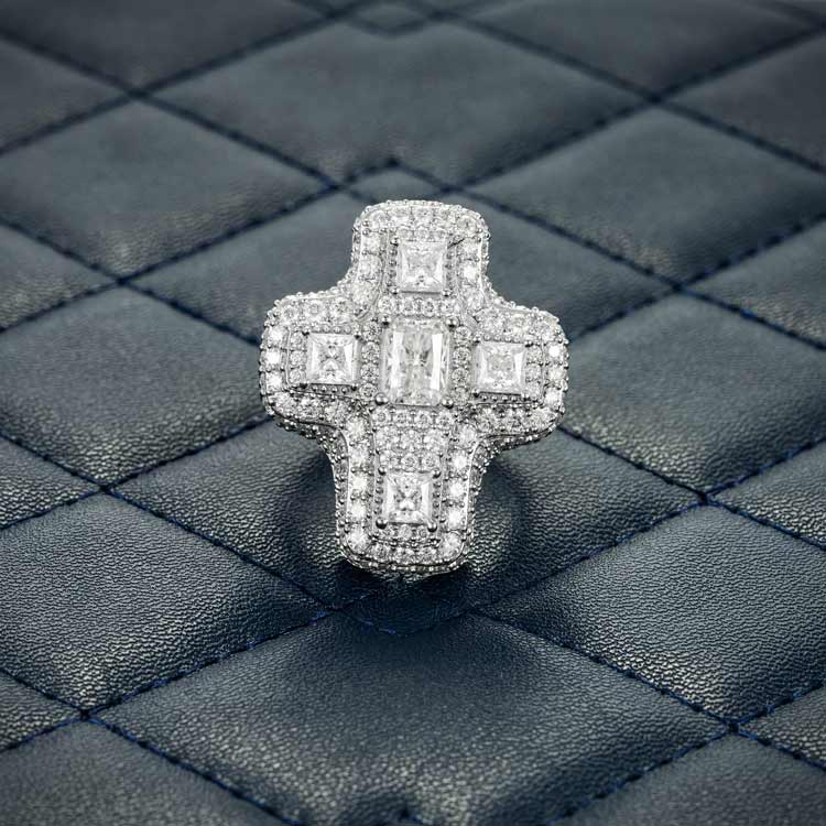 moissanite baguette cross ring iced out diamonds white gold hip hop front