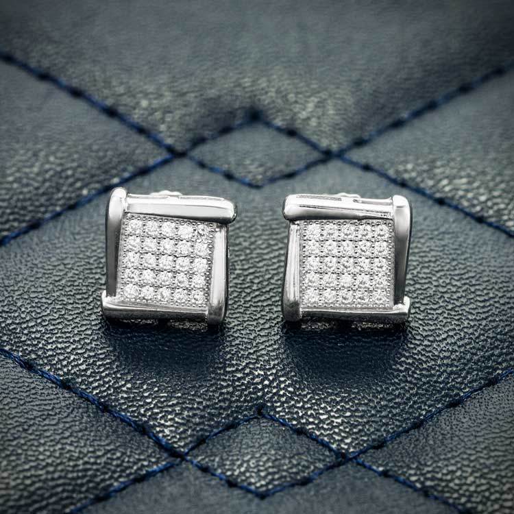 8mm Moissanite stud earrings square cluster iced out screw back white gold front