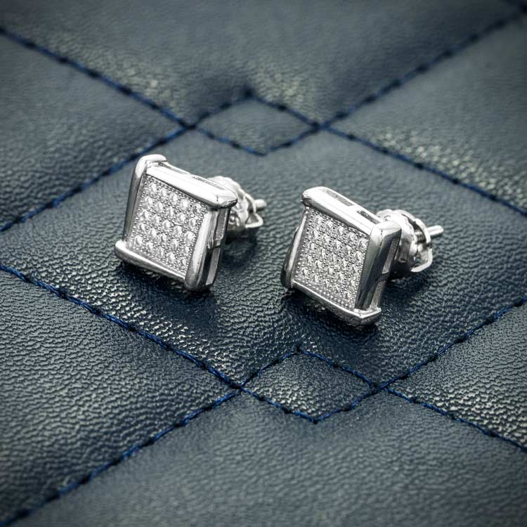 8mm Moissanite stud earrings square cluster iced out screw back white gold sideways