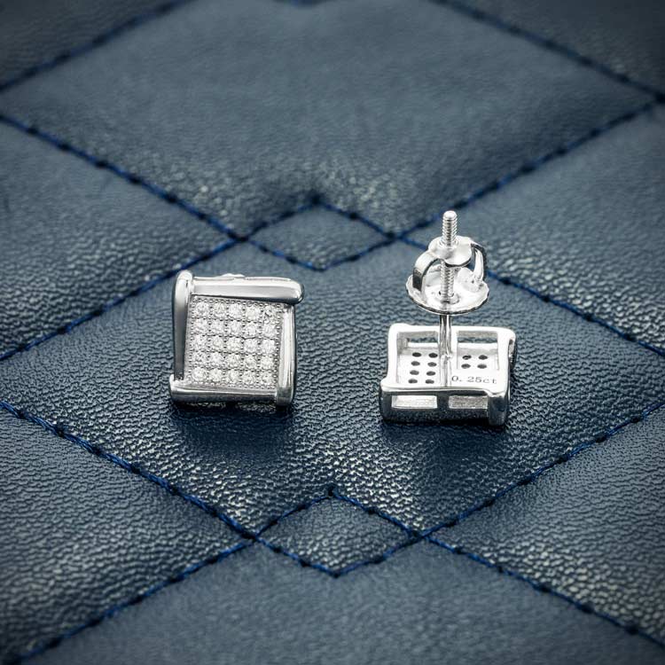 8mm Moissanite stud earrings square cluster iced out screw back white gold