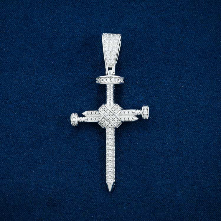 moissanite sword cross pendant hip hop iced out white gold front