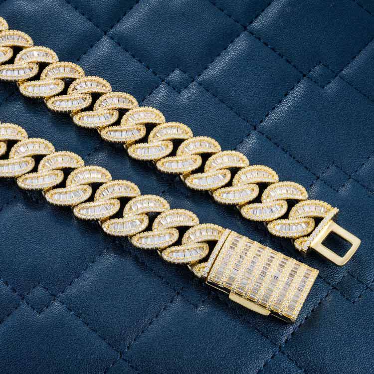 Moissanite yellow gold iced out baguette miami cuban link chain necklace connection