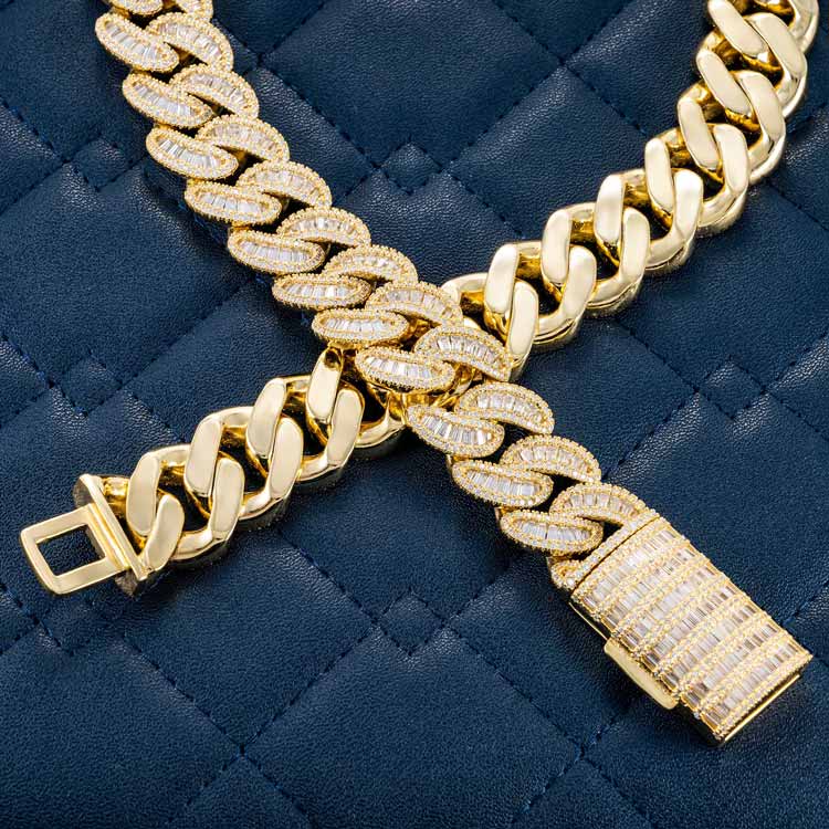 Moissanite yellow gold iced out baguette miami cuban link chain necklace crossed